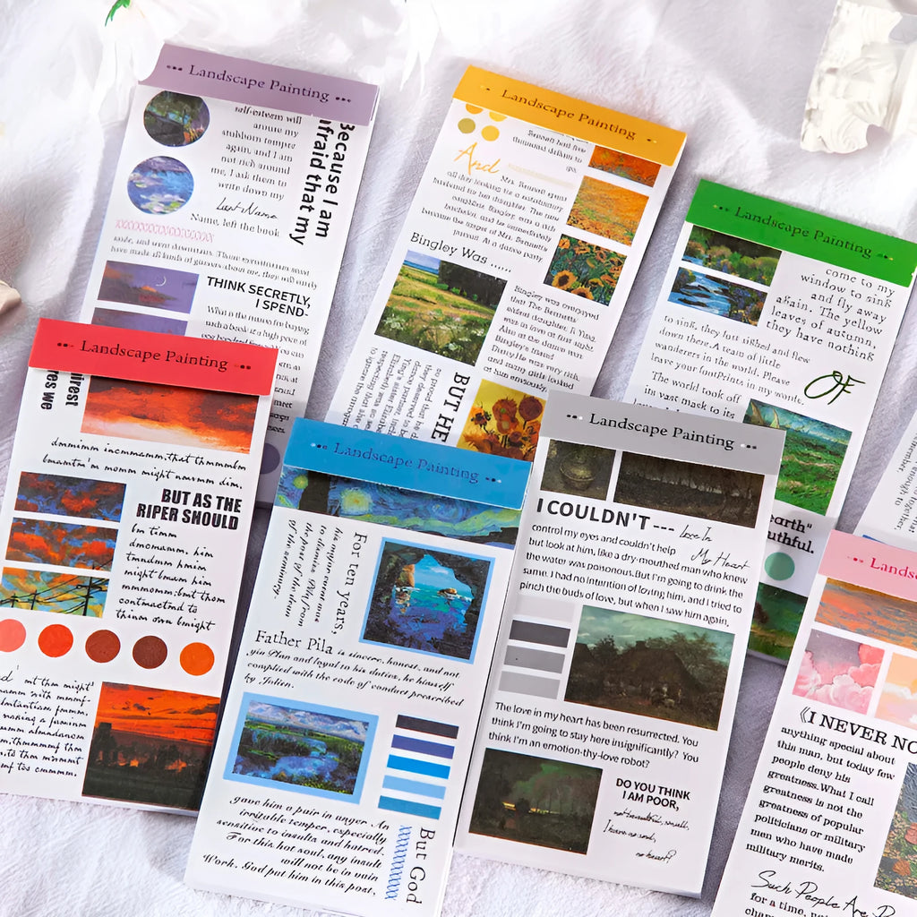 Landscape Painting Sticker Book showing 20 paper stickers in 60x120mm size with eight colour options A-H