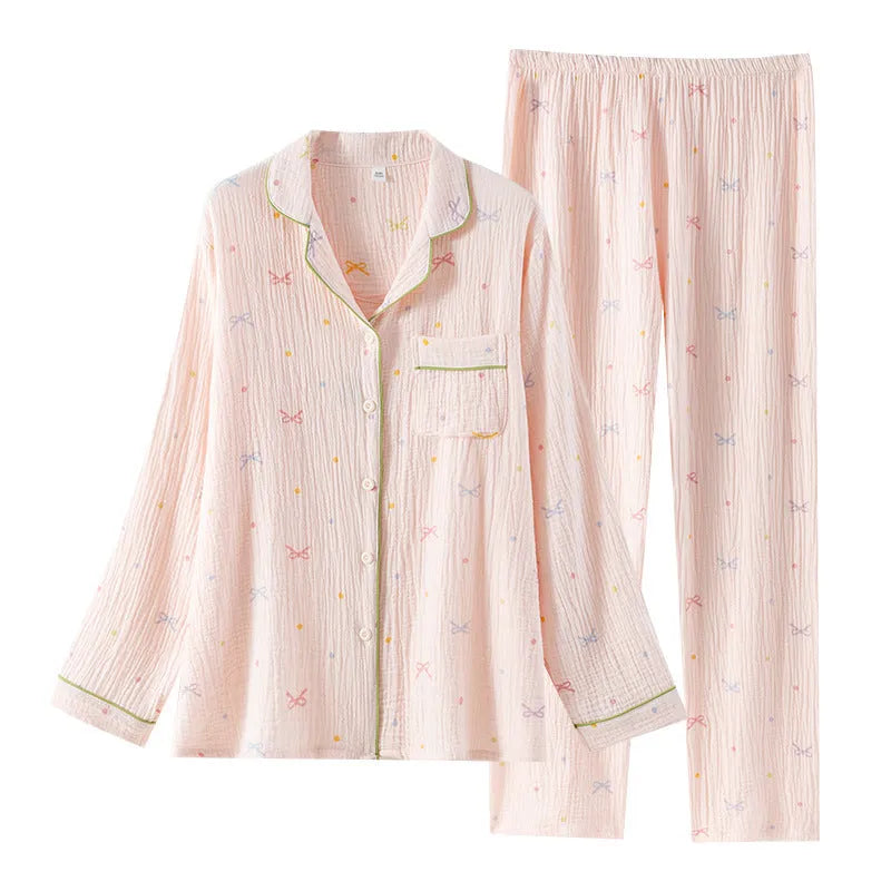 Women's cotton crepe pajama set in pink with long sleeves and trouser-length pants