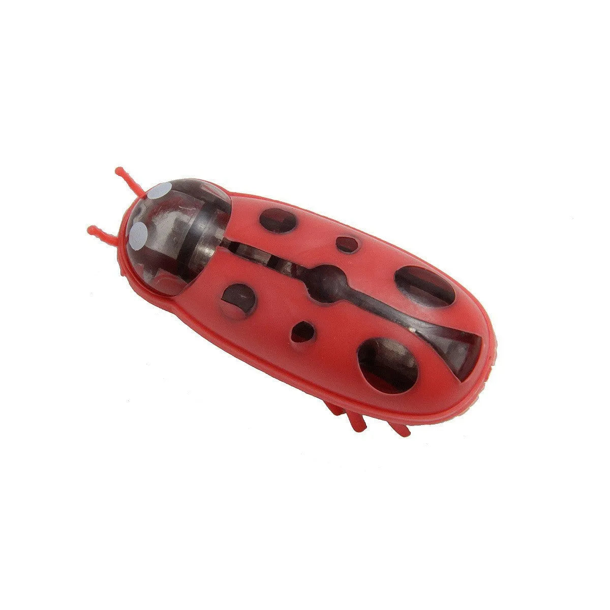 Small electric jumping insect cat teaser toy in Iron Cow style green and black, next to a ladybug style red and black toy.