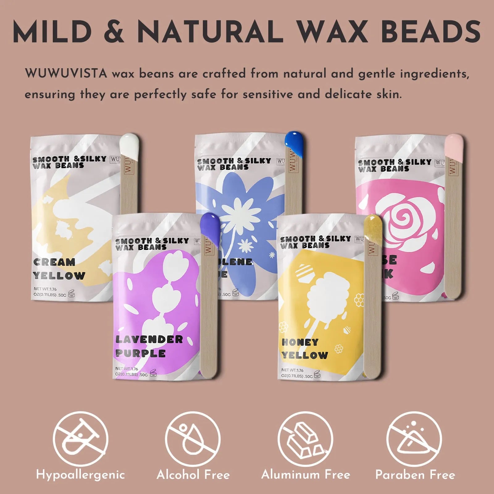 Professional waxing kit with hard wax beans, warmer, application sticks, post-care lotion and cooling masks on pink background
