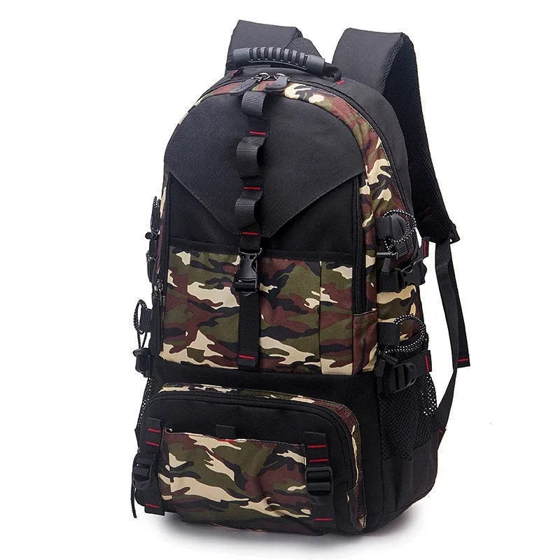 Men's large waterproof hiking backpack in Oxford cloth with multiple colour options including camouflage.