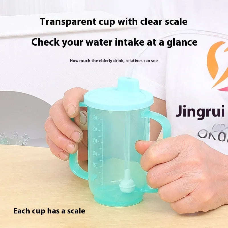 Angled mouth choke-proof bedside drinking cup with handle and lid, shown in PP plastic.