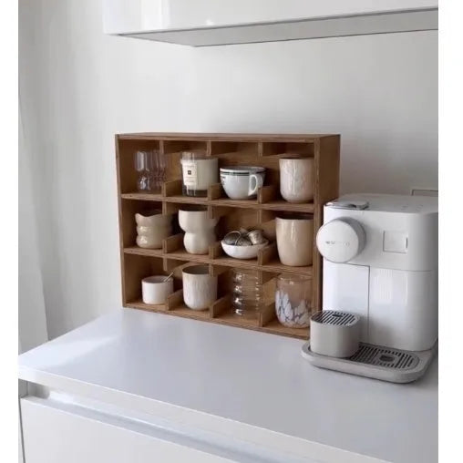 Solid wood square multi-layer grid cup storage rack in birch wood meridian colour