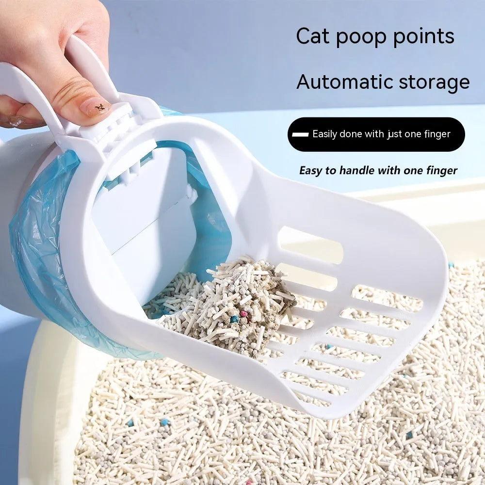Grey cat litter scoop with sheltered waste lid and foldable bottom next to refill bags