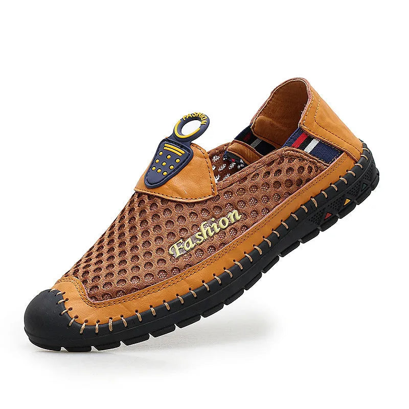 Men's brown casual mesh shoes with a rounded toe and sewn rubber sole.