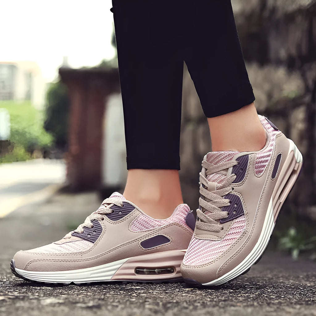 Women's casual shoes with 3.5cm heel in beige, grey, and pink colours showing size options 35-40