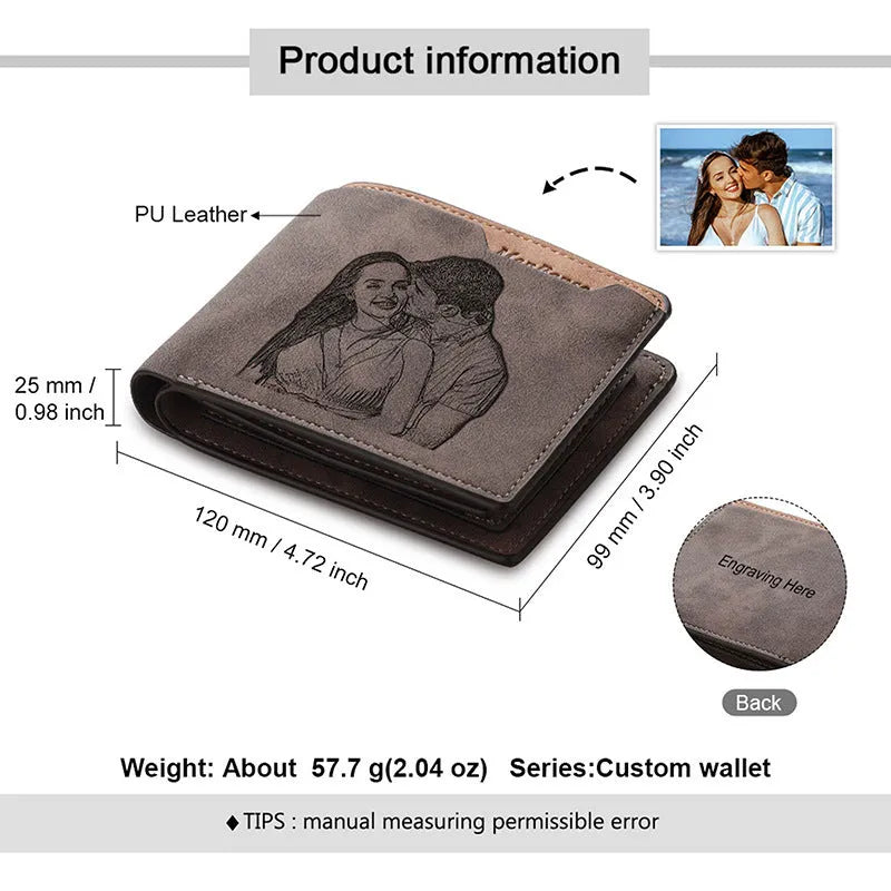 Coffee brown engraved horizontal short wallet with photo engraving showing dimensions of 120mm width