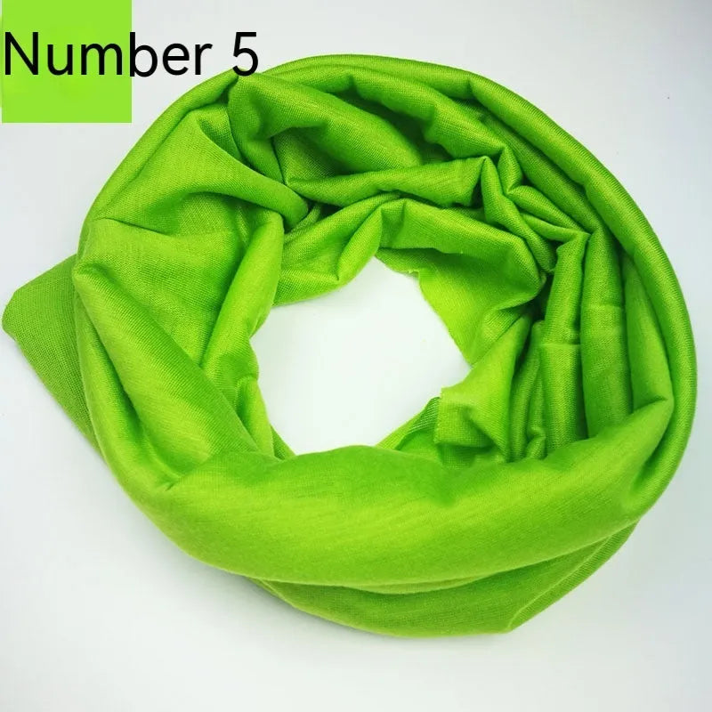 Polyester magic headscarf for outdoor sports shown in multiple colours on free size mannequin