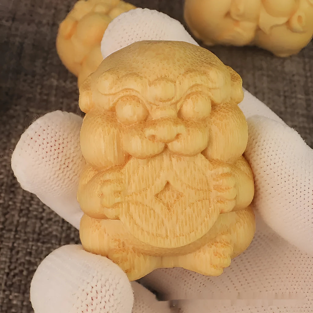 Solid bamboo Take Money charm ornament, 4.5cm tall, on a wooden surface.