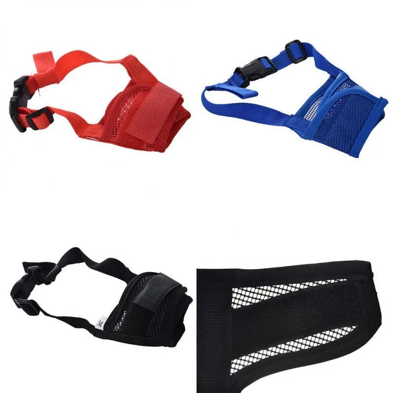 Adjustable plastic basket dog muzzle shown in multiple colours and sizes for biting and barking control.