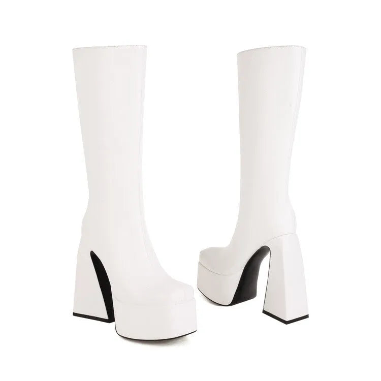 Women's artificial PU high boots in black, red, blue and white colours for casual wear
