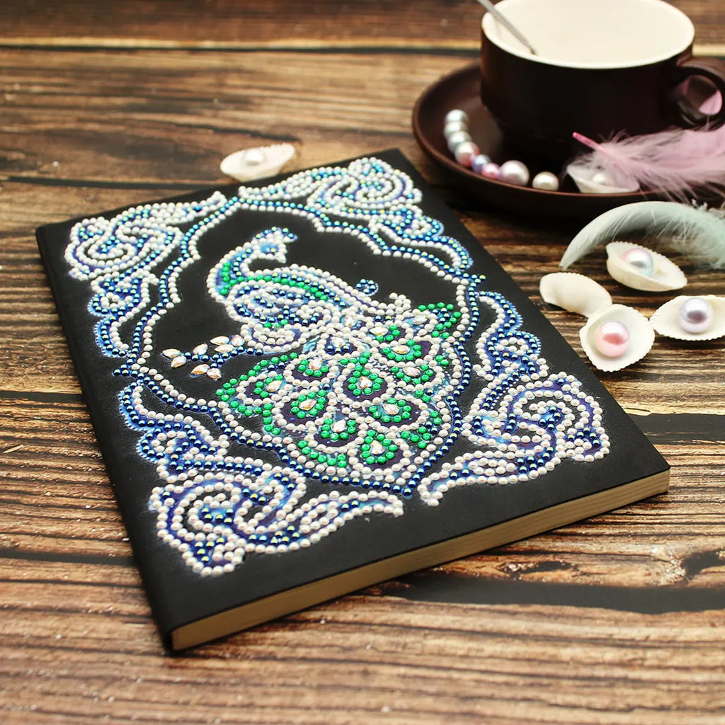 Black A5 peacock diamond painting notebook kit with shaped and bright drill crystals