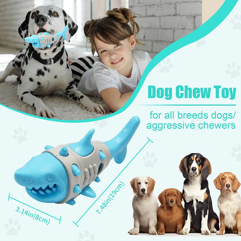 Dog teething leaky toy in blue with shark-tooth surface and treat cavity