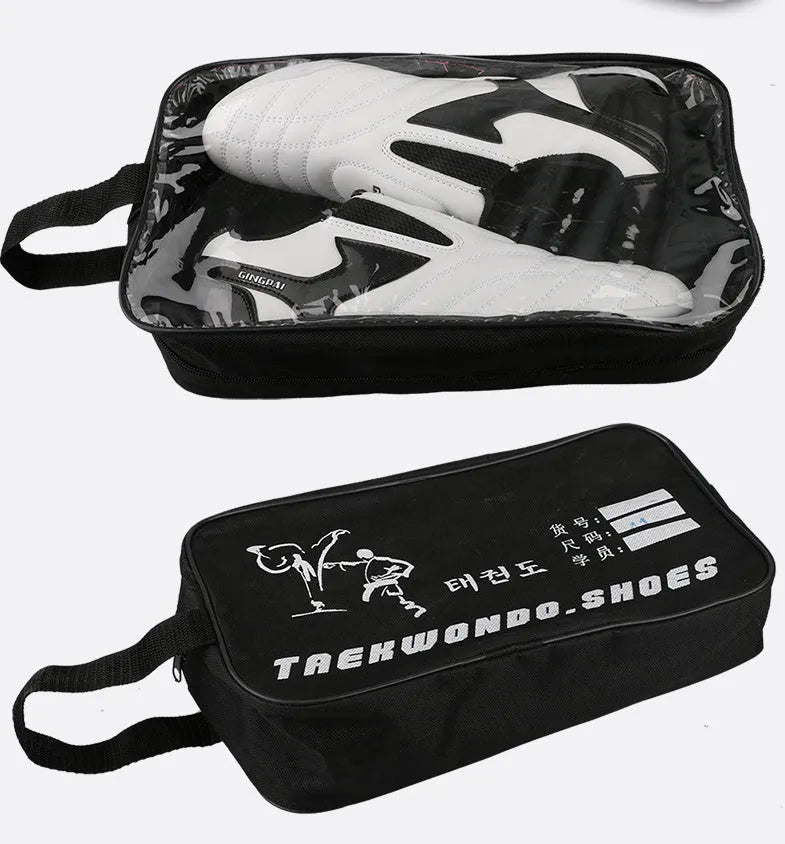 Children's black and white Taekwondo shoes with soft bottom and widened PU leather upper for training