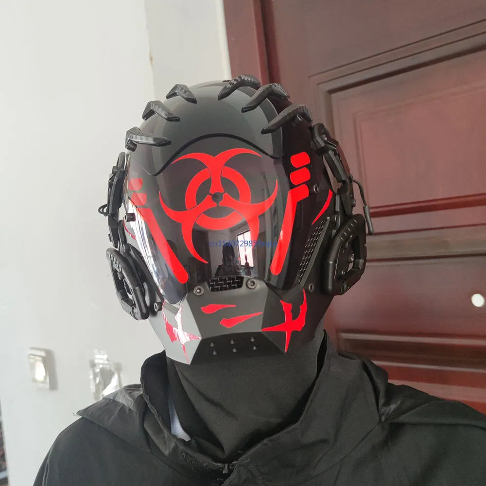 Black biohazard tech creative prop helmet for full face costume coverage