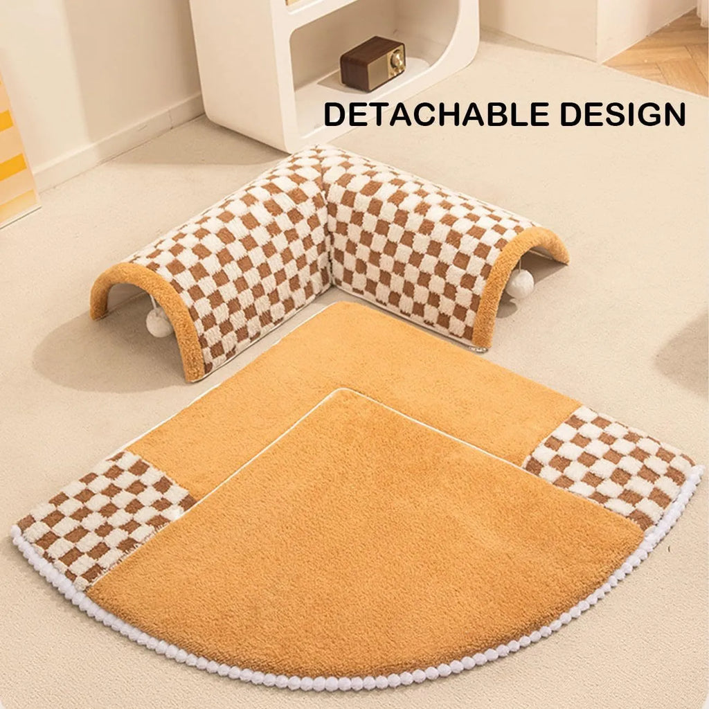 Coffee-coloured plush pet bed with attached tunnel showing soft sleeping area and play space