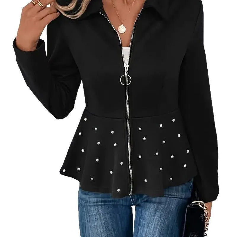 Women's black loose fit coat with heavy-duty zipper and ruffled hem, made from Spandex fabric.