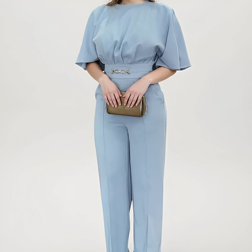 Blue polyester men's suit set with trousers and long sleeve jacket