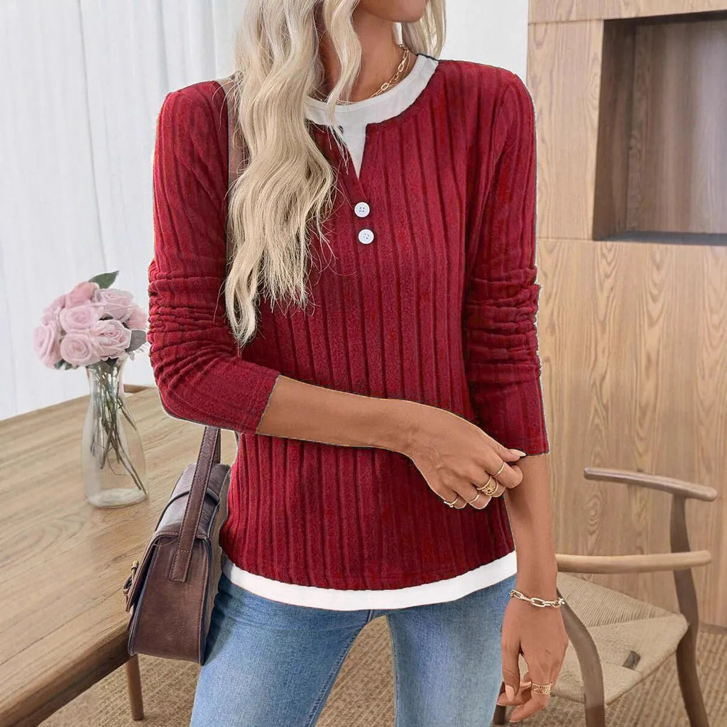 Women's black fake two-piece round neck button pullover sweater with grinding design