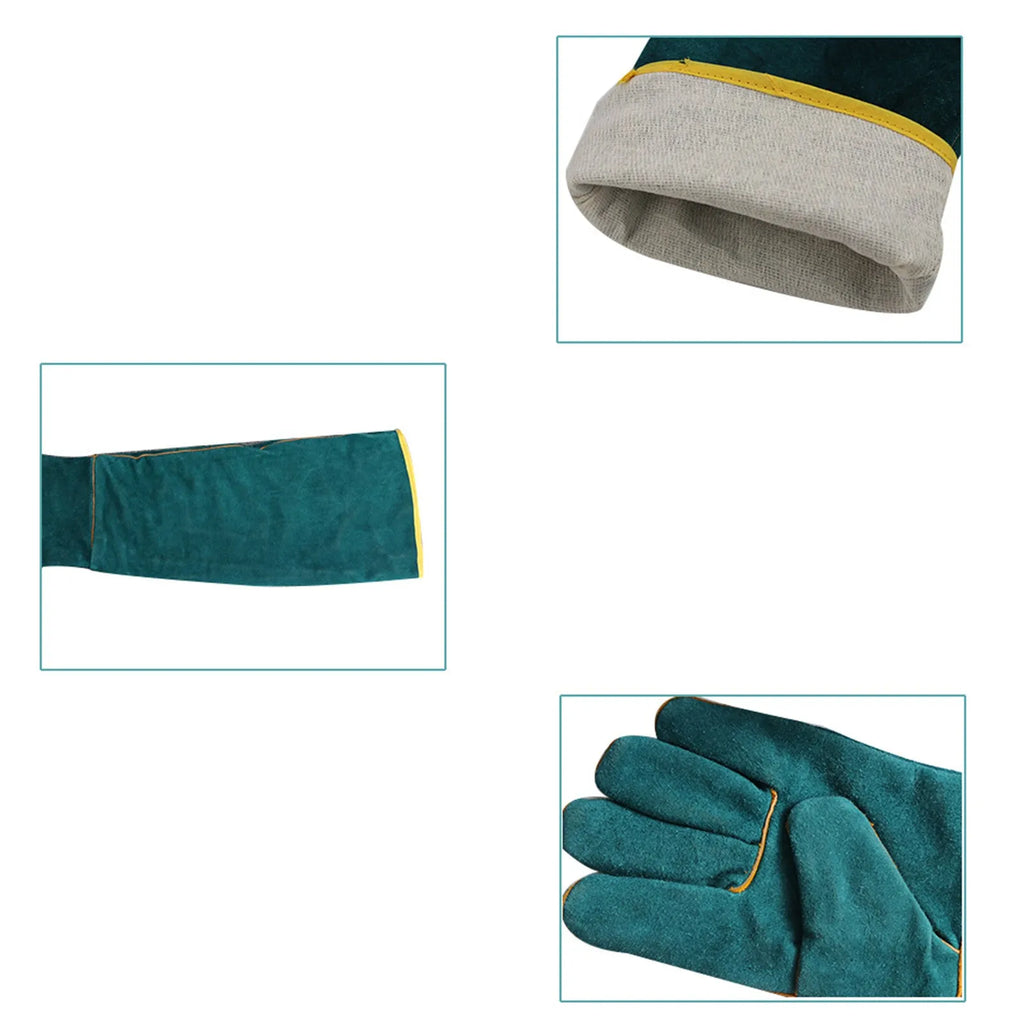 Multi-function anti-bite safety gloves made of thickened cowhide leather, dark green, with extended barrel cuffs for animal handling.