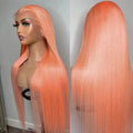 Light orange long straight front lace chemical fiber wig with side bangs on a mannequin head