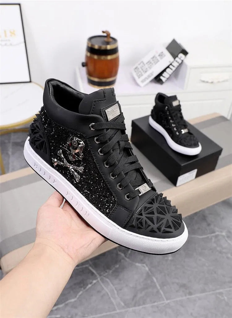 Men's black genuine leather high top skeleton shoes with lace-up closure and rubber sole