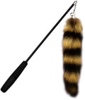 Black cat toy wand with feather teaser on elastic string, 42 cm long
