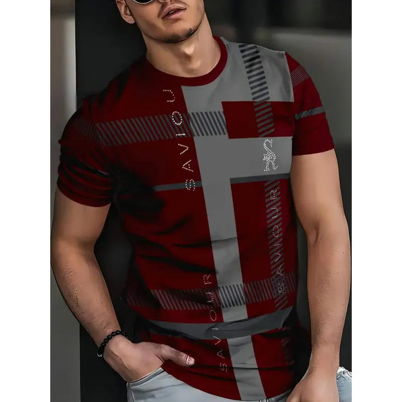 Men's loose fit short sleeve T-shirt with a striped 3D digital print design in a casual style.