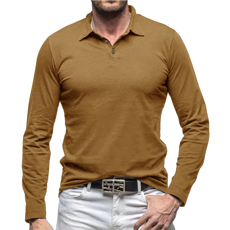 Men's dark grey long sleeve polo collar cotton t-shirt in American retro style laid flat.