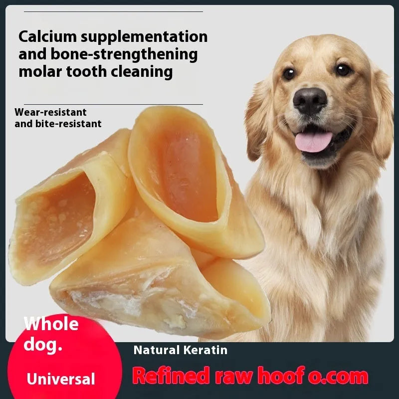 Natural cowhide dog chew rod in hoof shell colour, shown in small and large sizes for different dog breeds