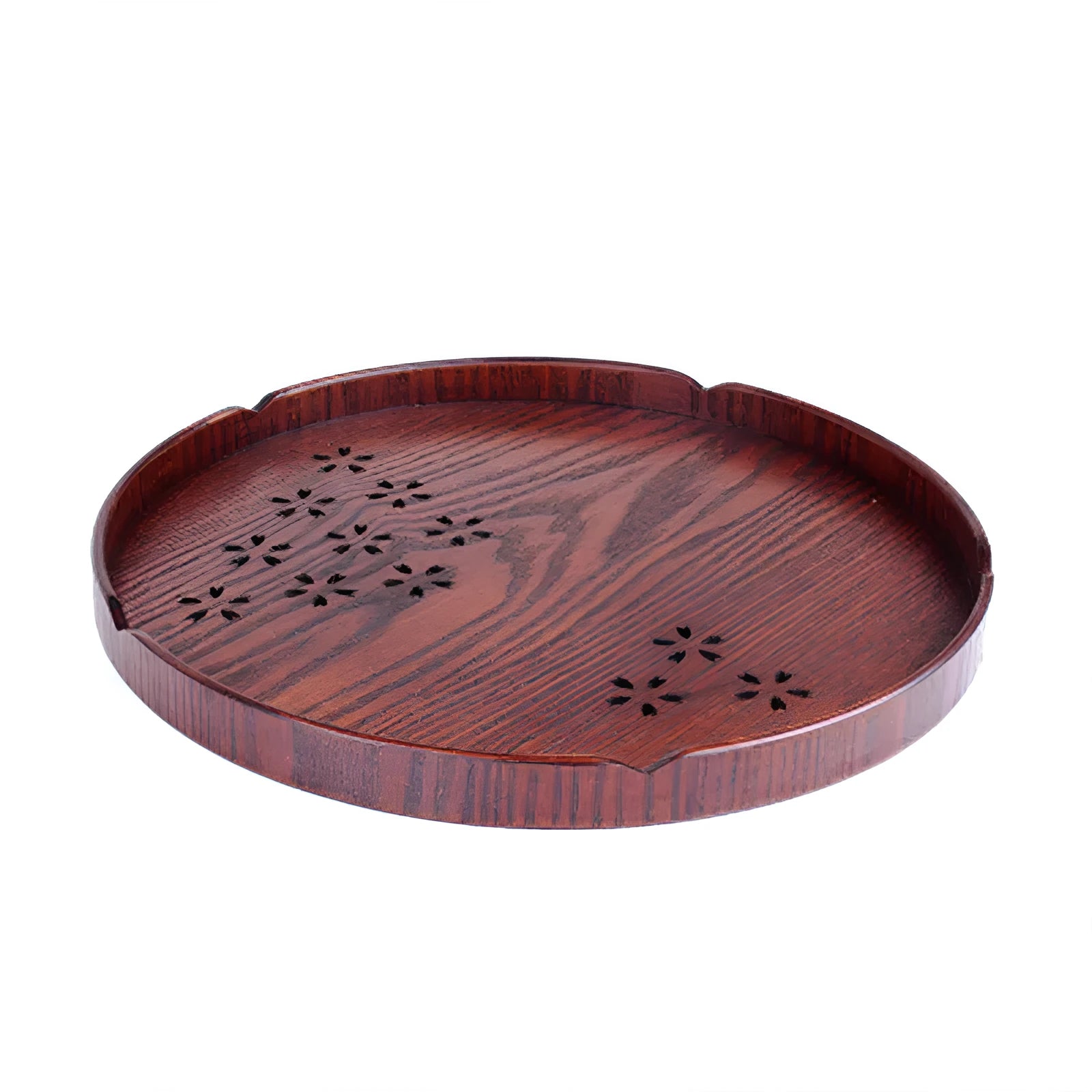 Wooden shallow plate with 12-hole sakura blossom pattern, 30 cm diameter.