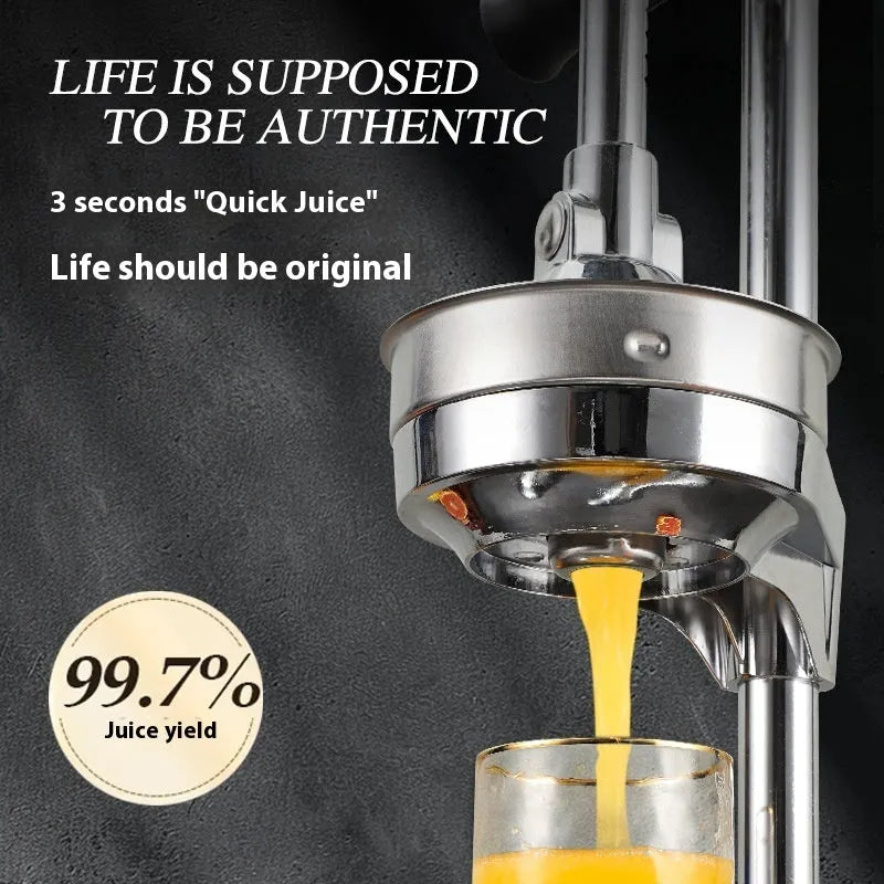 Vertical stainless steel manual juicer with choice of coloured finishes and head attachments on a kitchen worktop.