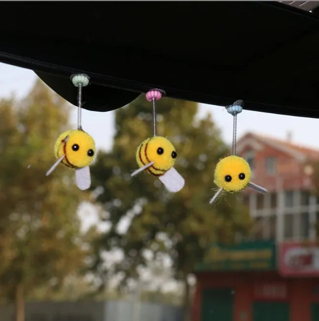 Small yellow and black swing spring bee car decoration made from fur material