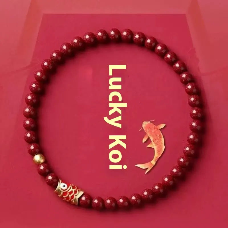 Natural raw ore cinnabar koi bracelet with gold ball, 4mm or 6mm bead size, national style, handmade
