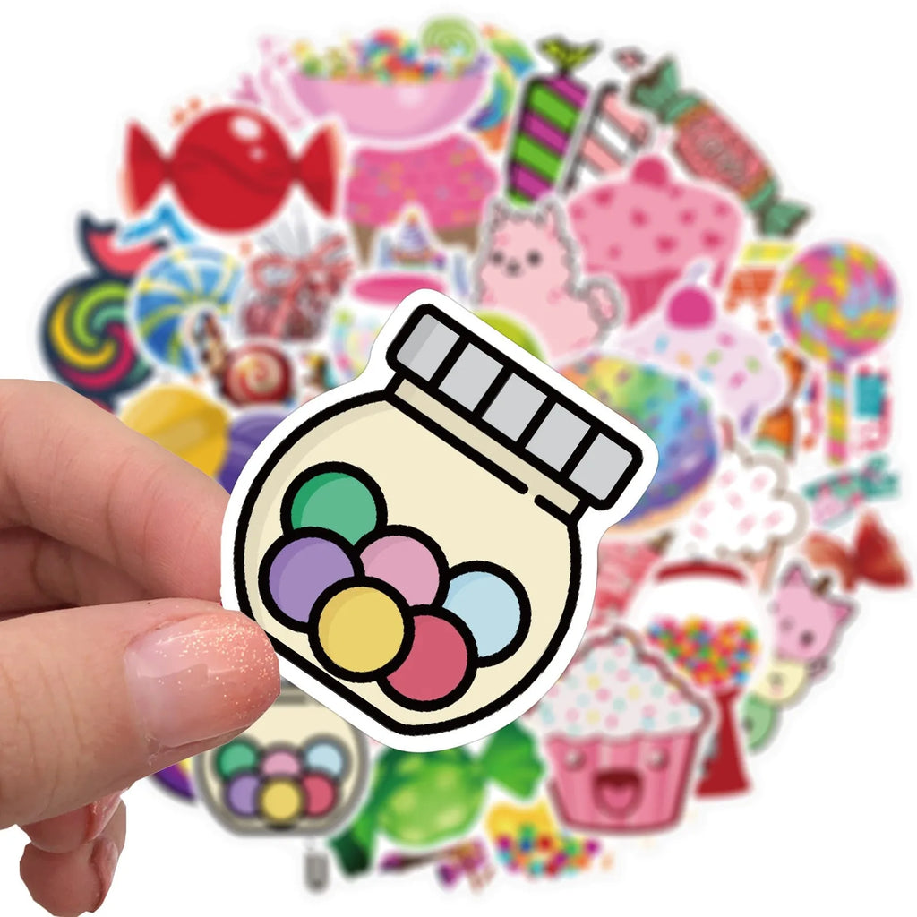 Pack of 50 colourful candy graffiti and cartoon stickers scattered on a surface, each measuring 4-6 cm.
