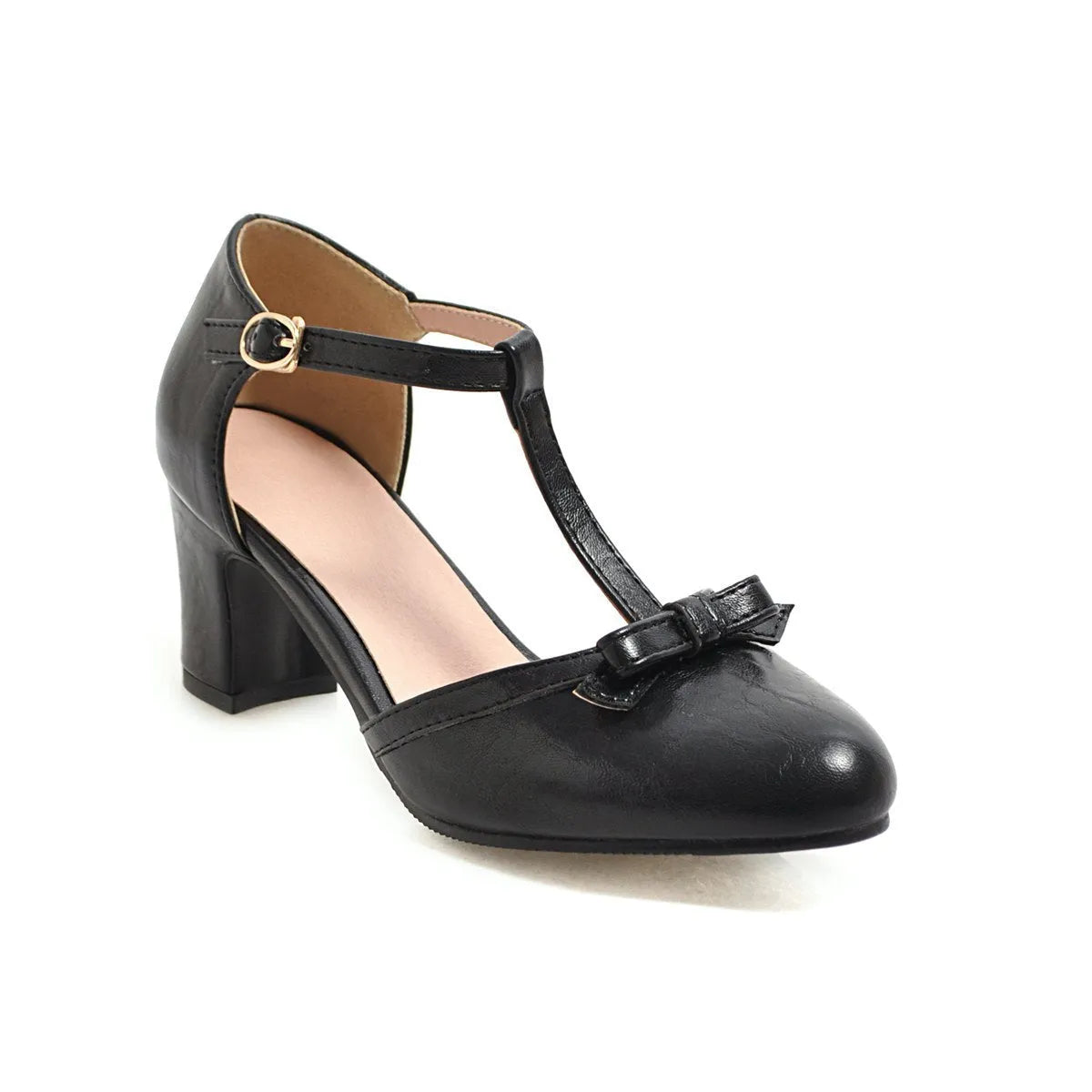 Women's solid-colour chunky heel sandals with buckle strap, round toe, hollow-out design, and a bow.