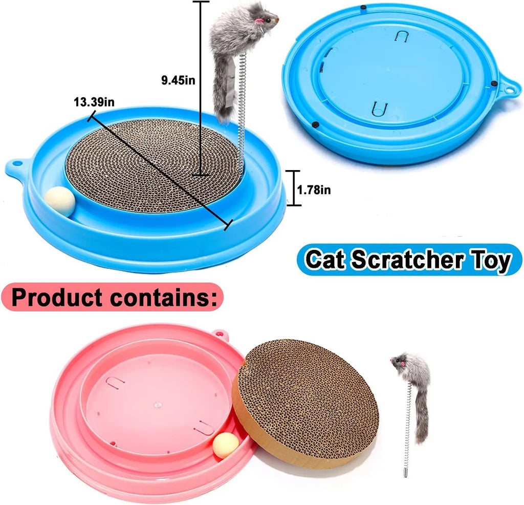 Interactive cat scratcher with ball track and replaceable scratch pad in blue or pink colour
