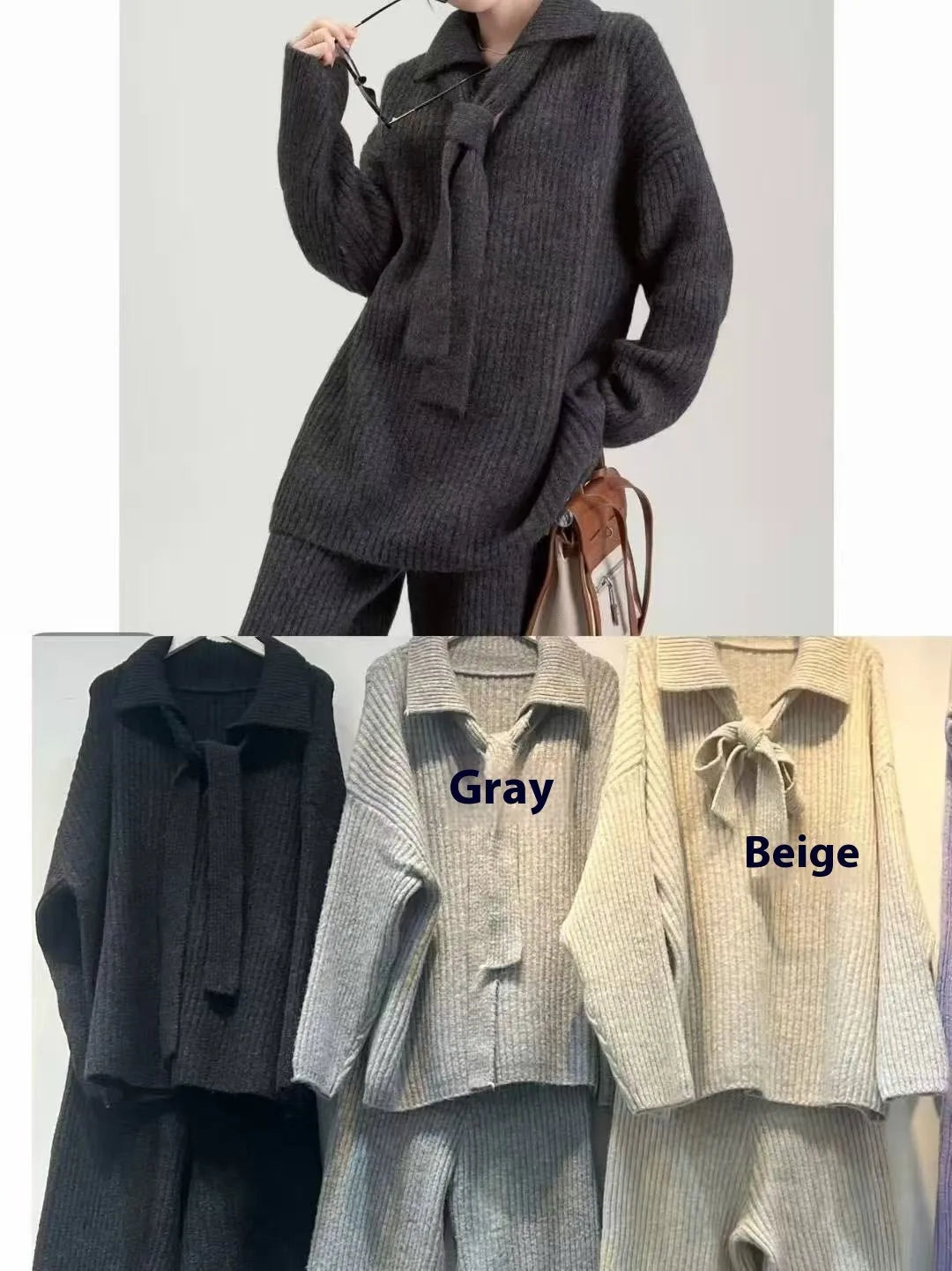 Dark gray knitted sweater and trousers two-piece set laid flat, showing long sleeves and elegant stitching details.