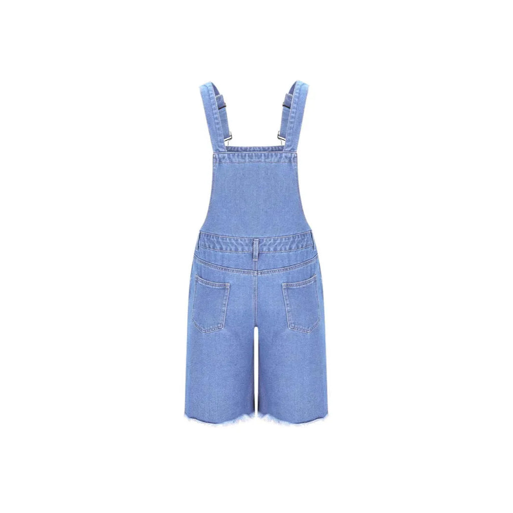 Ripped men's cotton denim suspender shorts in mid-waist straight-leg style, black colour option