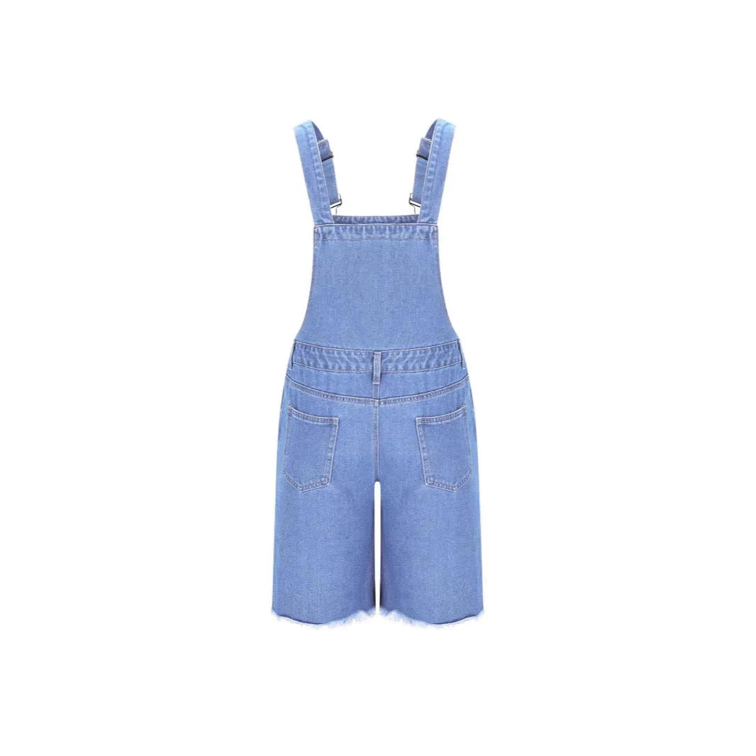 Ripped men's cotton denim suspender shorts in mid-waist straight-leg style, black colour option