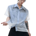 Men's loose blue and white gradient short sleeve shirt with quilted detailing.