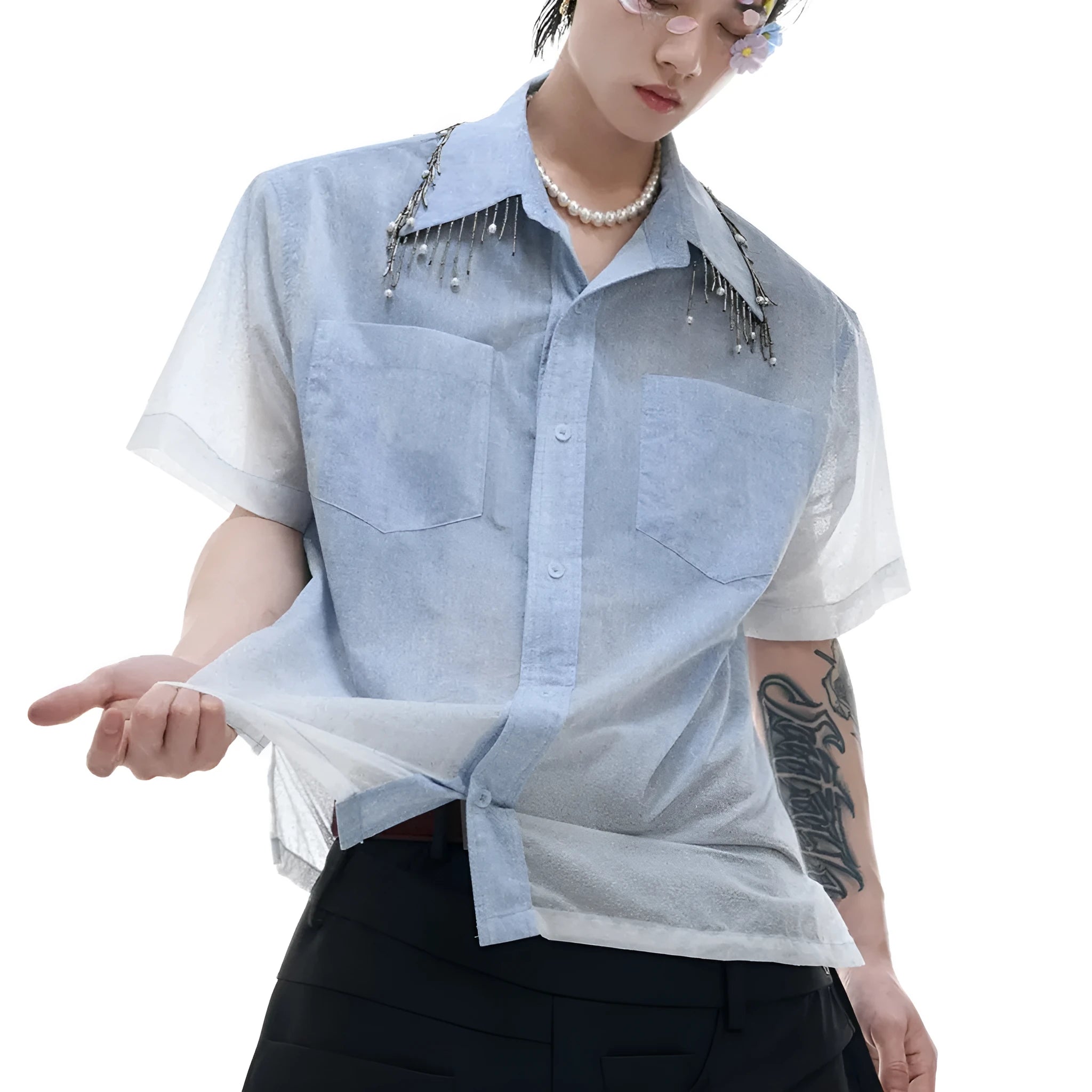 Men's loose blue and white gradient short sleeve shirt with quilted detailing.