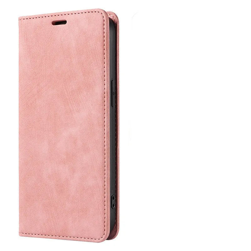 Magnetic flip phone case for iPhone in genuine leather and TPU, shown in grey colour with flap closed.