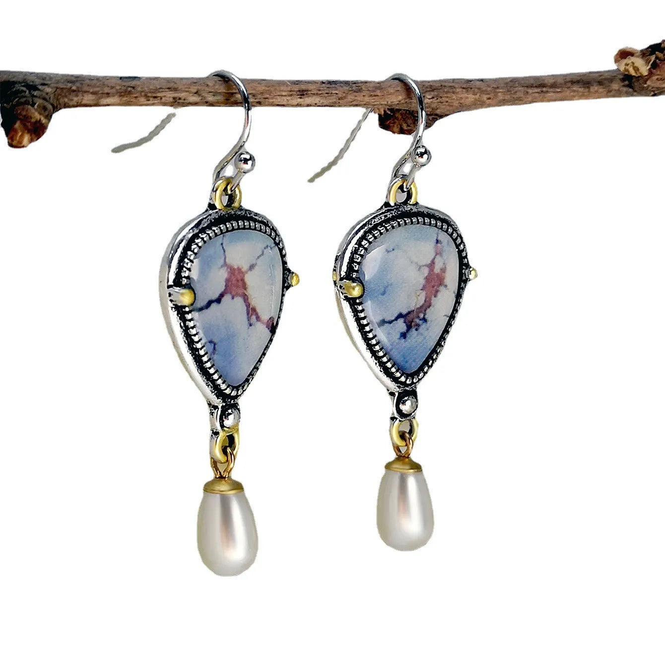 Retro blue drop earrings with synthetic opal and pearl on electroplated metal, 49mm long.