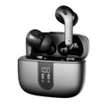 Jerry X08 wireless headphones with digital display showing pairing status and USB charging case