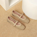 Women's breathable mesh pumps with buckle, flat heel, and square toe in beige colour.