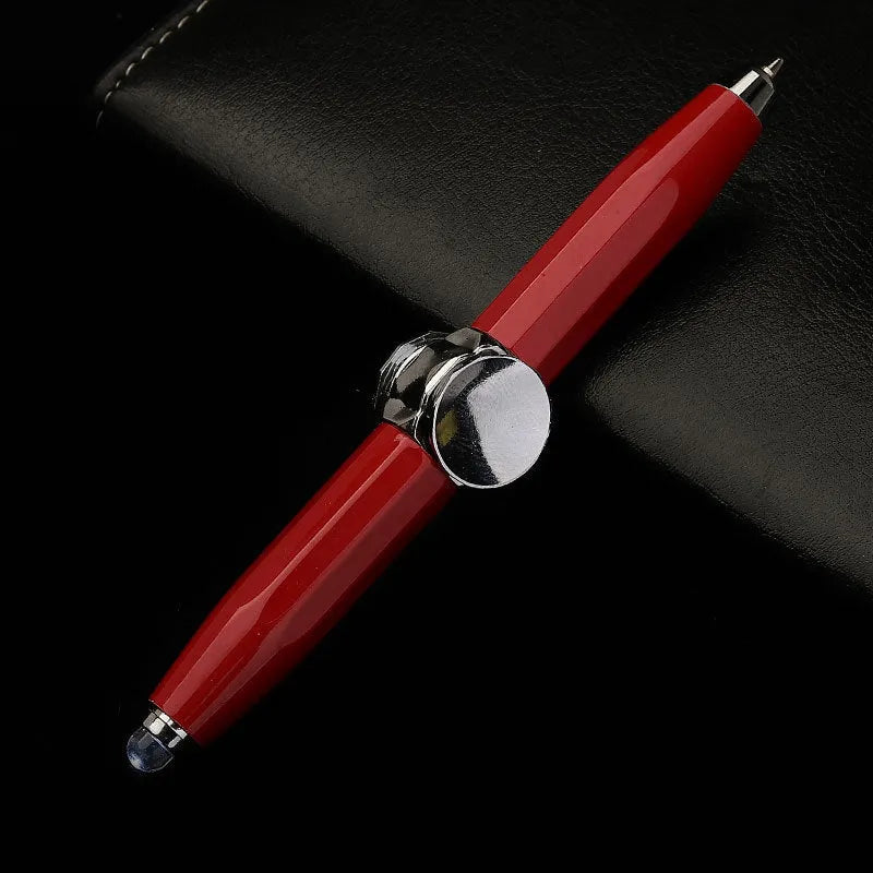 Metal ballpoint pen with LED spinning gyro function showing 10.5cm length and multiple colour refills