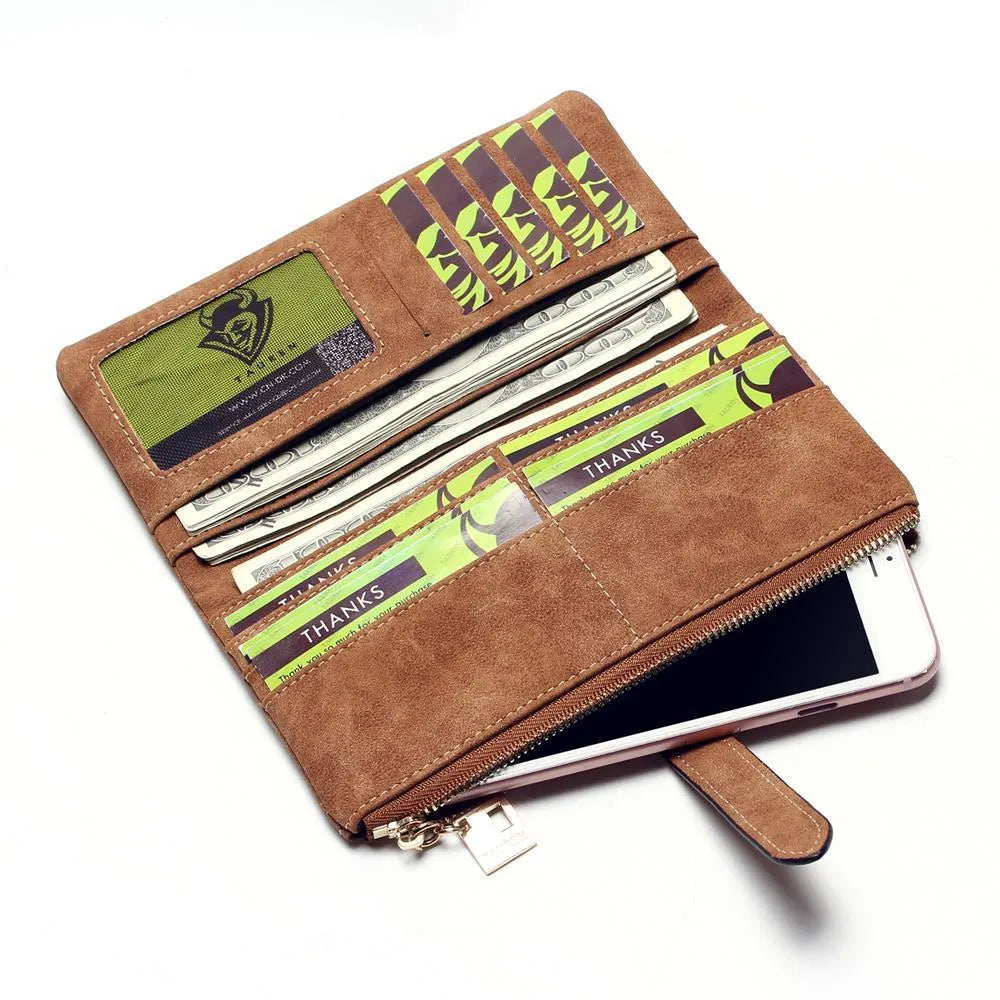 TAUREN brand retro matte PU leather long wallet for women showing two-fold design and multiple compartments