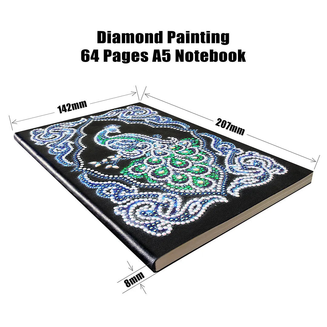 Black A5 peacock diamond painting notebook kit with shaped and bright drill crystals