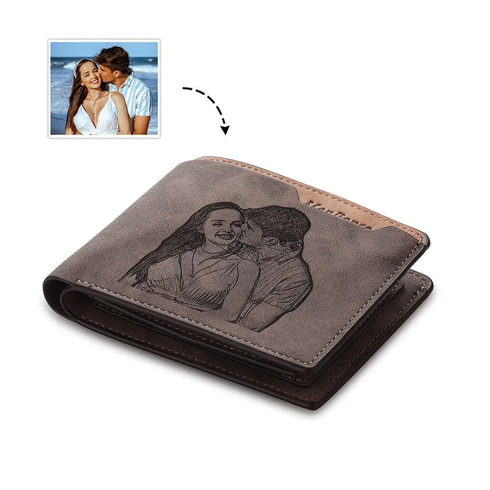 Coffee brown engraved horizontal short wallet with photo engraving showing dimensions of 120mm width